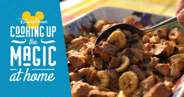 Banana bread pudding with a spoon, inspired by PCH Grill at Disneyland, beside "Cooking Up the Magic at Home" text.