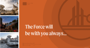 Star Wars ships soar as orange text declares, "The Force will be with you always..." at Star Wars: Galaxy’s Edge sunrise.