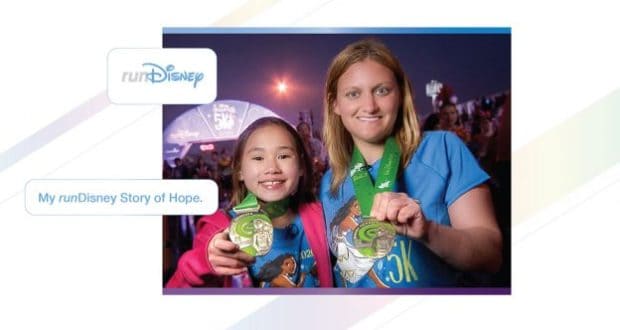 Hannah Herman and a friend beam after finishing a runDisney race, proudly showing off their medals in the Disney magic atmosphere.