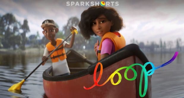 Pixar’s “Loop” features two animated teens in life vests paddling a canoe, its title shining in vibrant colors for autism awareness.