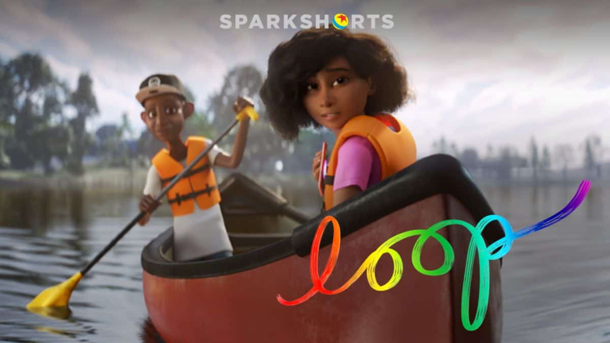 Pixar’s “Loop” features two animated teens in life vests paddling a canoe, its title shining in vibrant colors for autism awareness.