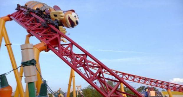 Slinky Dog Dash twists along its vibrant red track at Disney’s Hollywood Studios, promising fans a playful, thrilling adventure.