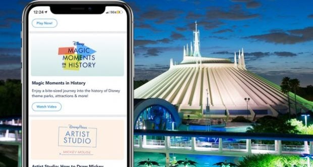 The My Disney Experience app’s newest features showcased on a smartphone, with Space Mountain shining in the Magic Kingdom night.