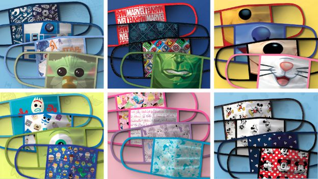 A grid of vibrant Disney face masks featuring beloved park characters and superheroes, perfect for magical themed family outings.