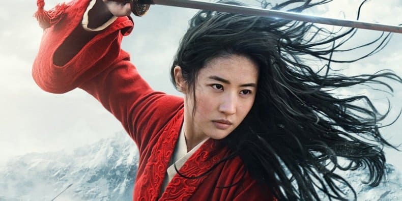 A Disney heroine in a flowing red robe wields her sword, hair flying as she poses heroically under stormy theme park skies.