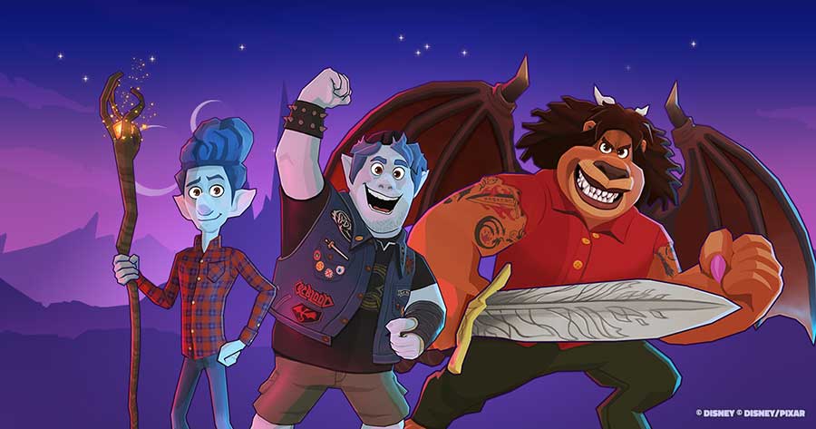 Meet the blue elf, troll, and winged beast from Disney Sorcerer’s Arena—posing heroically, ready for your next adventure!.