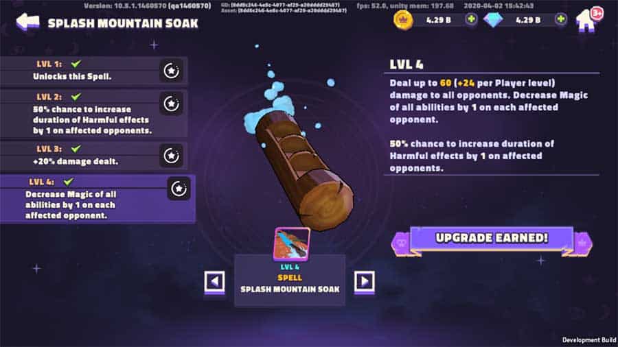 Splash Mountain Soak spell glows on the Disney Sorcerer’s Arena screen, stats and floating log evoking a true theme park adventure.
