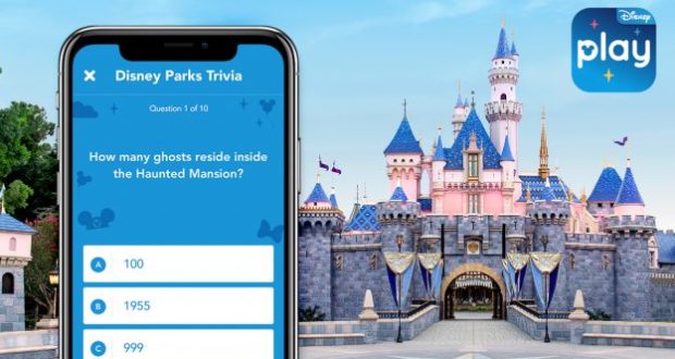 Play Disney Parks App featuring Disney Trivia lights up on a phone before Sleeping Beauty Castle, "play" logo in the corner.