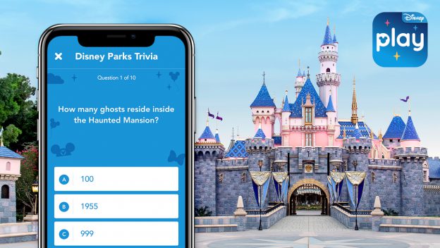 Play Disney Parks App featuring Disney Trivia lights up on a phone before Sleeping Beauty Castle, "play" logo in the corner.