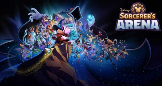 Mickey Mouse and beloved Disney & Pixar heroes unite for an epic clash in Disney Sorcerer’s Arena, beneath its glowing logo.