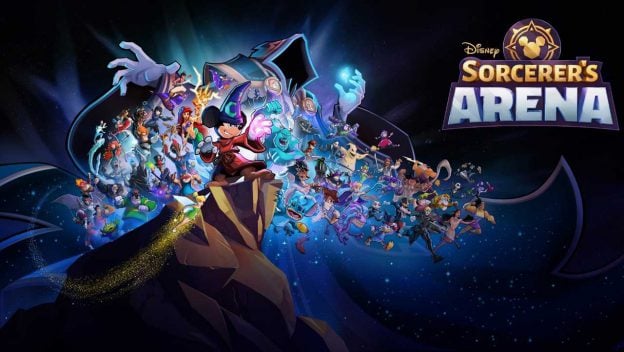 Mickey Mouse and beloved Disney & Pixar heroes unite for an epic clash in Disney Sorcerer’s Arena, beneath its glowing logo.