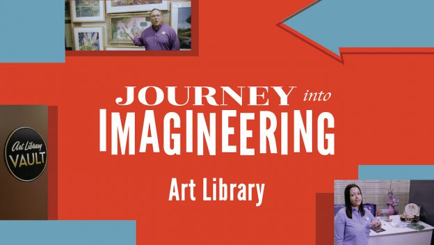 Red graphic featuring "Journey into Imagineering Art Library," photos of Disney Imagineers, and the iconic Art Library Vault sign.