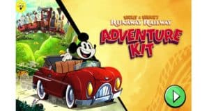 Mickey Mouse steers a red car past a train from Mickey & Minnie's Runaway Railway, with "Adventure Kit" on bright yellow.