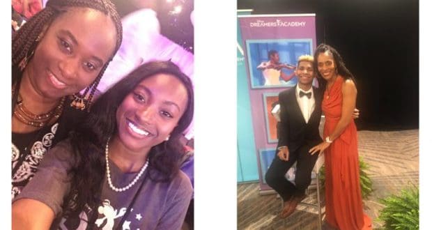 Proud Disney Moms snap a selfie; Disney Dreamers Academy Alumni pose at a lively event—tux and red dress shining.