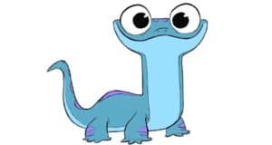 Bruni from Frozen 2, the blue salamander with big eyes and purple spots, ready to greet guests at a Disney park.