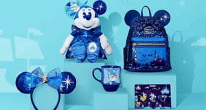 Step into the magic with the Peter Pan’s Flight Main Attraction series: Minnie plush, backpack, ears, mug, and pins on blue.