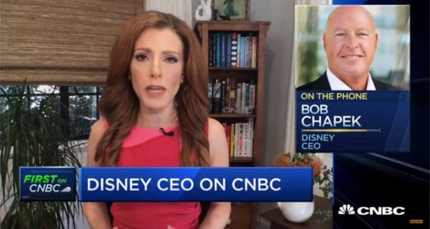 Bob Chapek appears on CNBC as the anchor interviews him about Disney parks, movies, and more, with his photo shown during the segment.