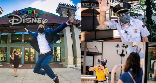 Disney World guests in masks, including a man jumping with excitement and Cast Members waving, create unforgettable theme park moments.
