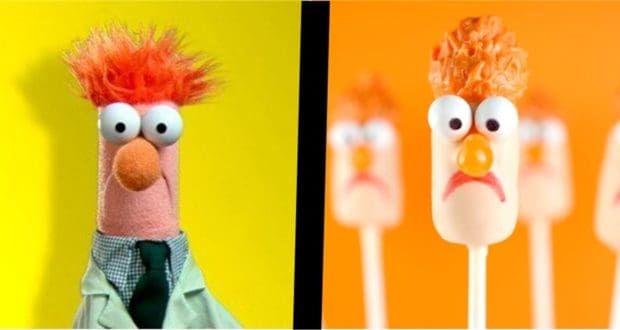 Left: Beaker from The Muppets. Right: Beaker-themed cake pops, orange backdrop—perfect for a Muppet fan celebration.