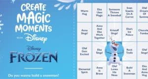 Frozen Movie Time Bingo card featuring Olaf at the center, with film scenes and quotes for an interactive Disney Parks experience.