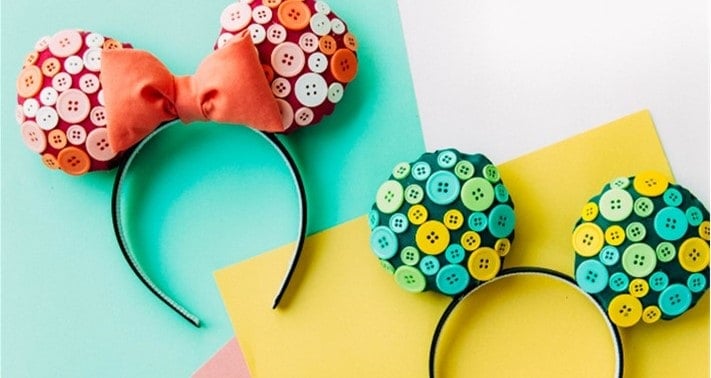 Whimsical DIY Mickey Ear headbands with buttons and a pink bow, perfect for your next Disney Parks adventure, on pastel backgrounds.