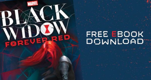 Black Widow: Forever Red" book cover, spotlighting Marvel's red-haired Avenger, with banner: "Free eBook Download.
