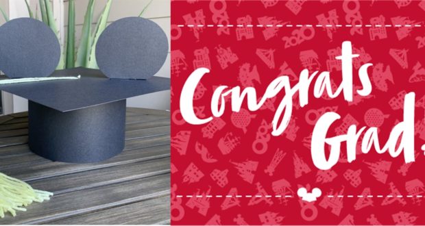 Mickey Mouse ear grad cap beside a bold red "Congrats Grad!" sign—a festive Disney Parks salute to graduates!.