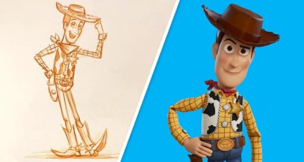 Woody’s character sketch and Pixar animated version appear side by side on a blue backdrop, like at a Toy Story Land exhibit.