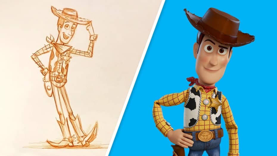 Woody’s character sketch and Pixar animated version appear side by side on a blue backdrop, like at a Toy Story Land exhibit.