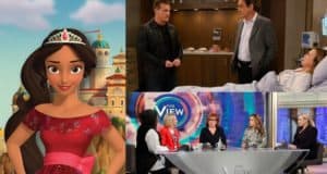 Collage featuring a Disney princess, a dramatic hospital scene, and celebrity hosts on a talk show with Daytime Emmy nods.