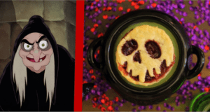 Left: The Wicked Witch greets guests. Right: Evil Queen’s Poison Apple Pie, topped with a skull, sits amid festive confetti.