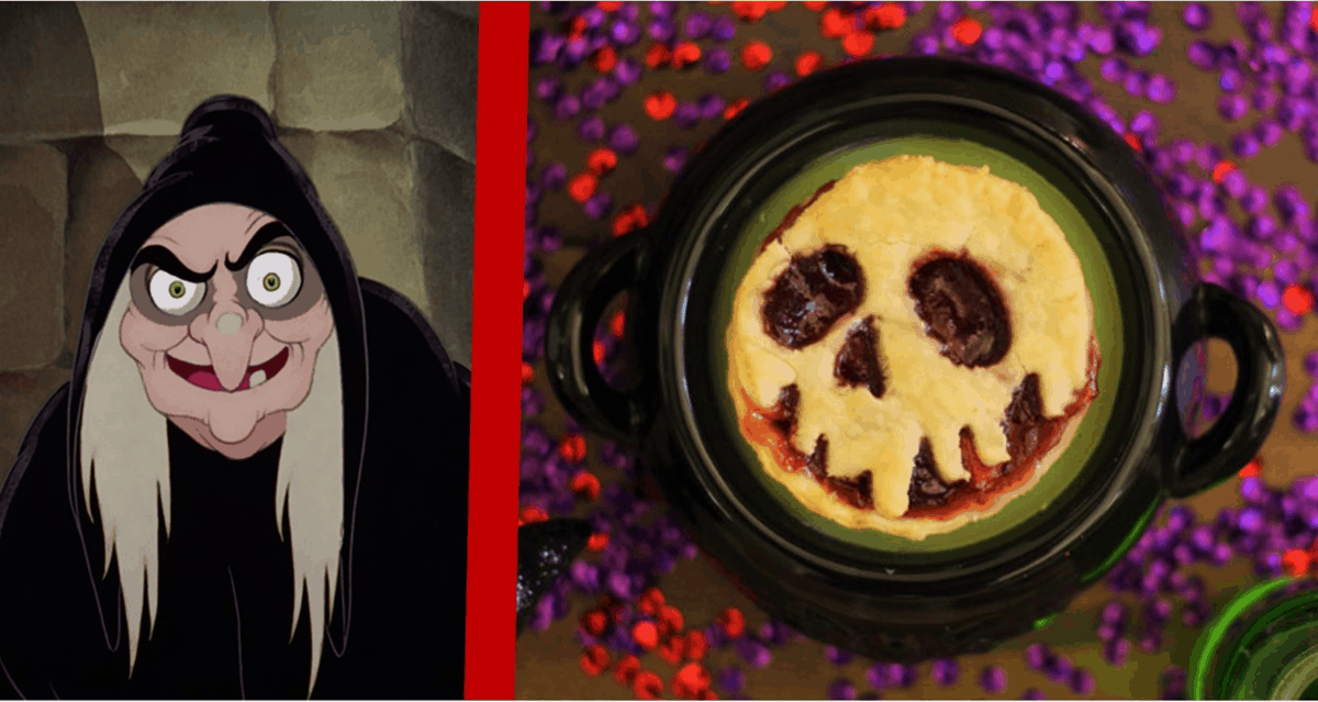 Left: The Wicked Witch greets guests. Right: Evil Queen’s Poison Apple Pie, topped with a skull, sits amid festive confetti.