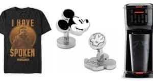 Mandalorian tee, Mickey Mouse cufflinks, and black coffee maker—exciting shopDisney Father’s Day finds for Disney fans.
