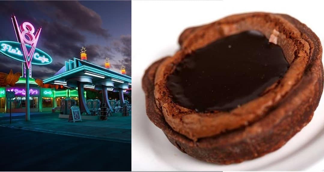 Flo’s V8 Cafe glows at dusk, with a rich Chocolate Mud Pie close-up inviting Disney California Adventure foodies.