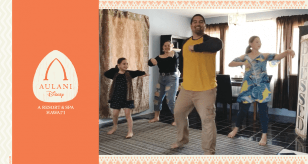 A family joins the magic at home, dancing hula together while following a Disney Aulani virtual program in their living room.