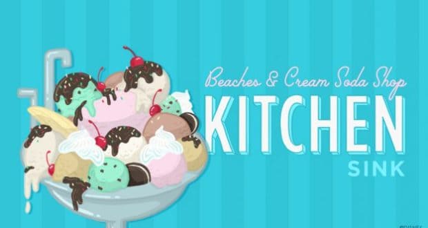 The legendary Kitchen Sink sundae at Beaches & Cream, overflowing with ice cream, toppings, and cherries at Disney’s Beach Club.