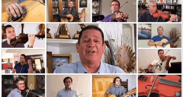 A lively Mariachi Cobre-inspired collage with musicians and a vocalist singing "Remember Me" at EPCOT’s World Showcase.