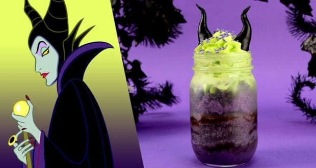 Maleficent Cake Jar art is paired with a themed dessert, crowned with green frosting and iconic black candy horns.