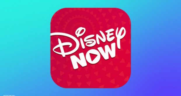 Red DisneyNOW logo with white text on a blue gradient, inviting fans to stream Disney Park favorites and classic shows.