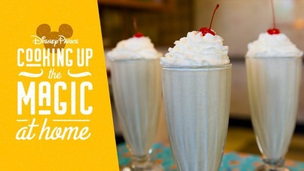 Three vanilla milkshakes with whipped cream and cherries channel 50’s Prime Time Café’s iconic PB&J treat at Disney Parks.