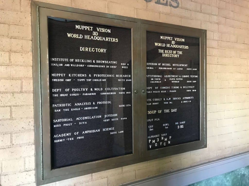 Muppet*Vision 3D directory board at Disney’s Hollywood Studios with fun, themed listings in white on black for the Anniversary.