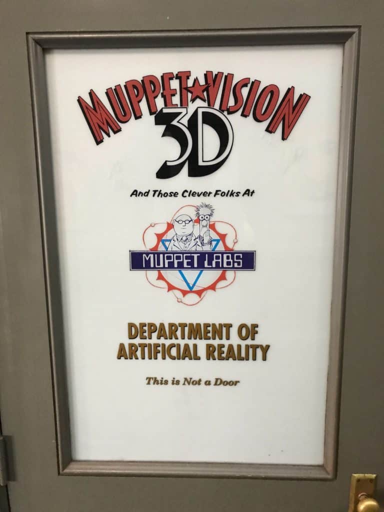 Muppet*Vision 3D sign at Disney’s Hollywood Studios: “Muppet Labs, Department of Artificial Reality. This is not a door.”.