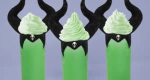 Maleficent-inspired milkshakes with green cream and chocolate horns—perfect for Disney fans craving villainous treats.