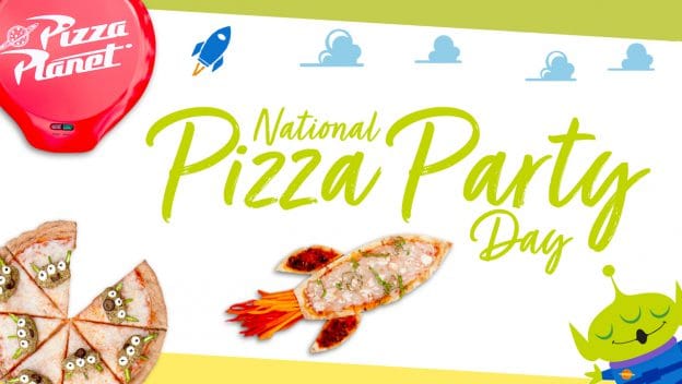 Enjoy National Pizza Party Day with Toy Story alien, rocket pizza, and playful slices on a vibrant background at Pixar Pier!.