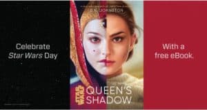 Star Wars Queen’s Shadow" book cover with Padmé Amidala’s faces, themed for fans and promoted as a Free eBook Download.