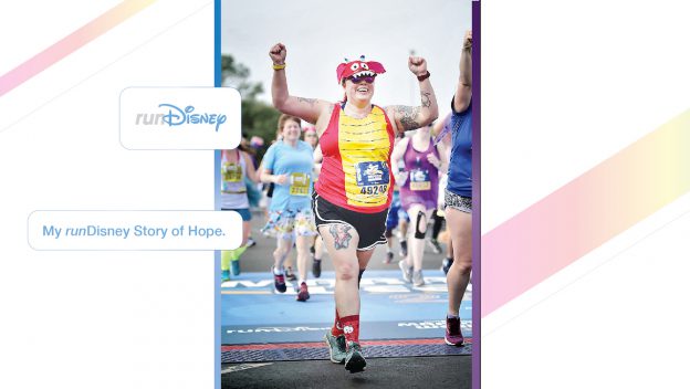 Elmo celebrates at the runDisney finish line, arms raised in joy, surrounded by fellow runners at this magical Disney event.