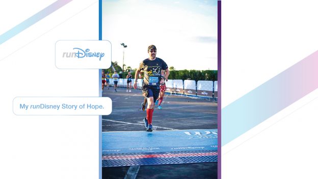 A runDisney athlete races across the finish line at Walt Disney World, with "My runDisney Story of Hope: Part 2" onscreen.