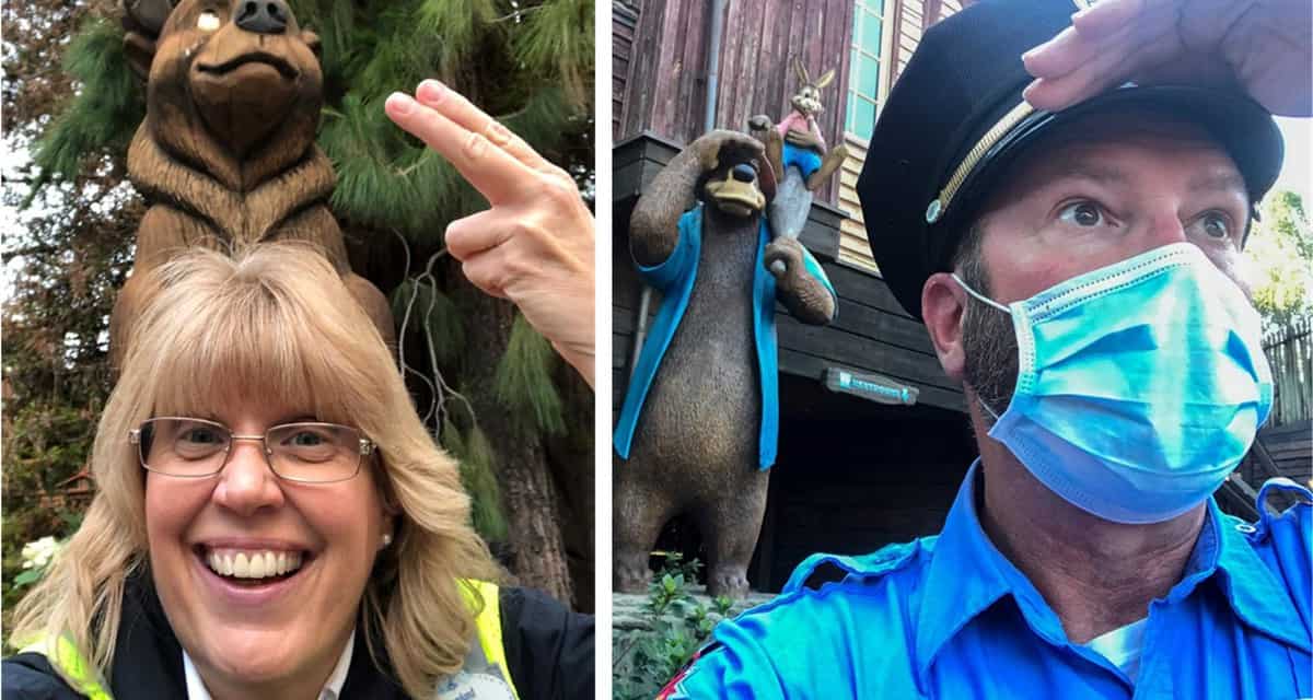 Disney Security Team members imitate playful bear poses; one salutes in uniform, sharing Disney World's signature fun and warmth.