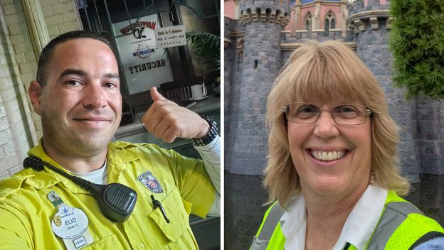 Cast Members in bright yellow costumes share a smile and a thumbs up with iconic Disney World attractions in the background.