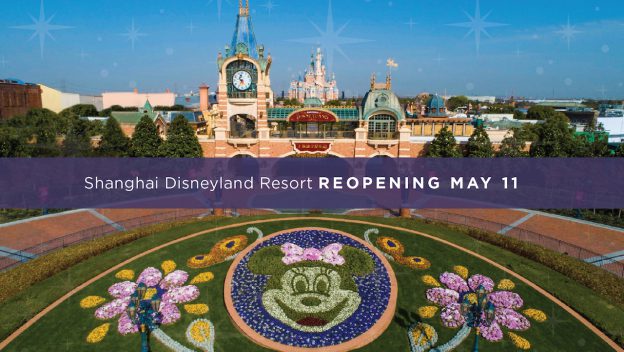 Aerial view of Shanghai Disney Resort with "Reopening May 11," Minnie Mouse floral display, and limited capacity reopening news.